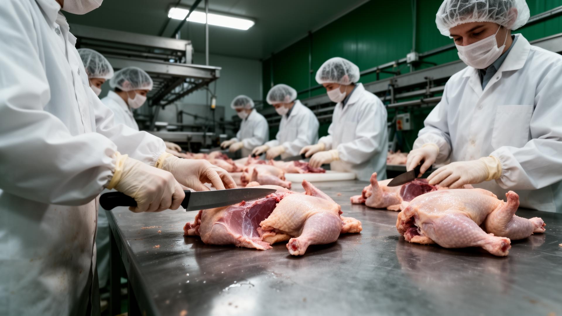 Poultry filleting team at work in an industrial processing plant